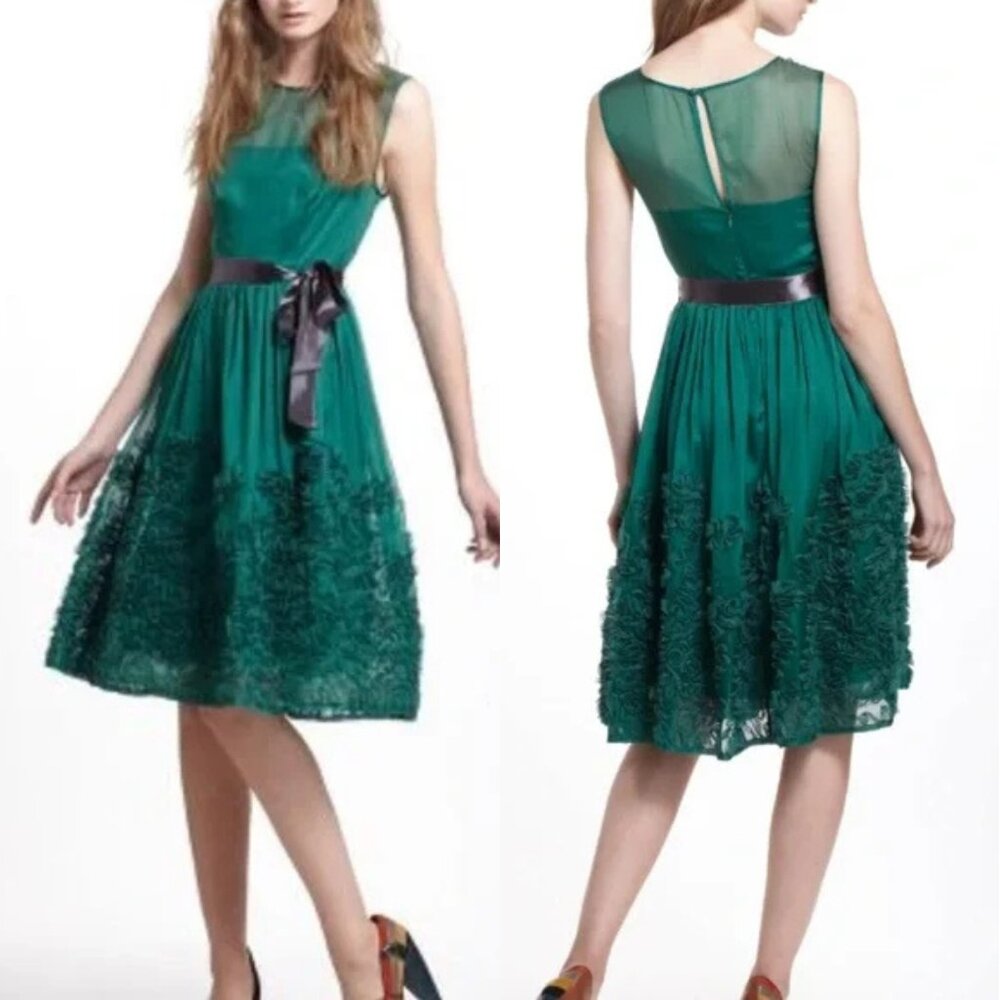 Anthropologie Emerald Green A-Line Textured Chiffon Dress